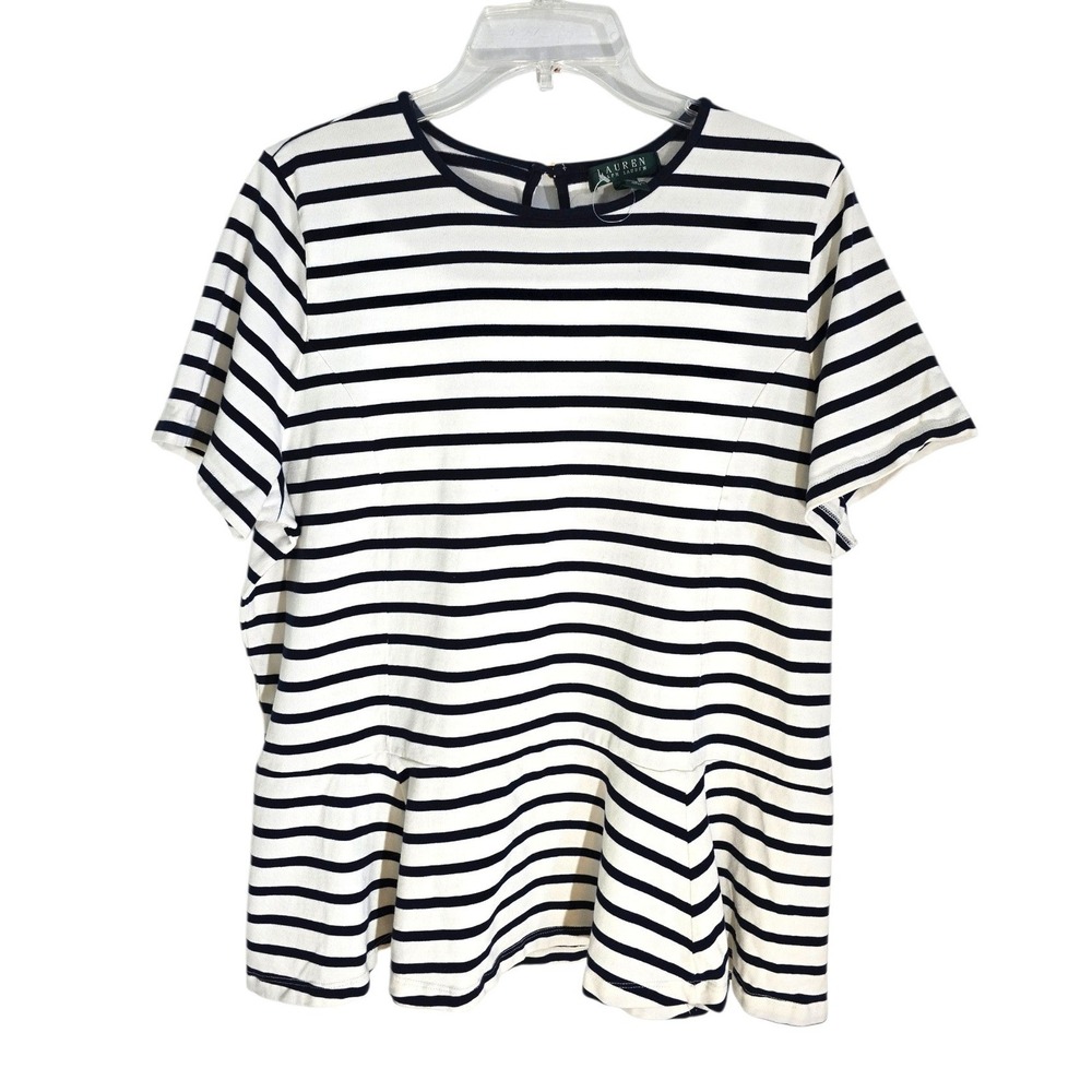 Lauren‎ Ralph Lauren Navy White Striped Peplum Top Short Sleeve Cotton 2X